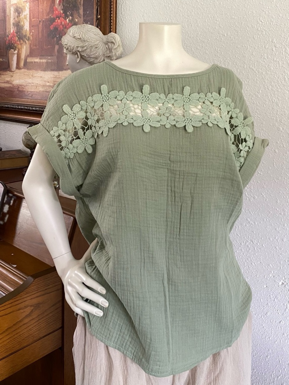 Women’s Sage Green Lace-Trim Gauze Top